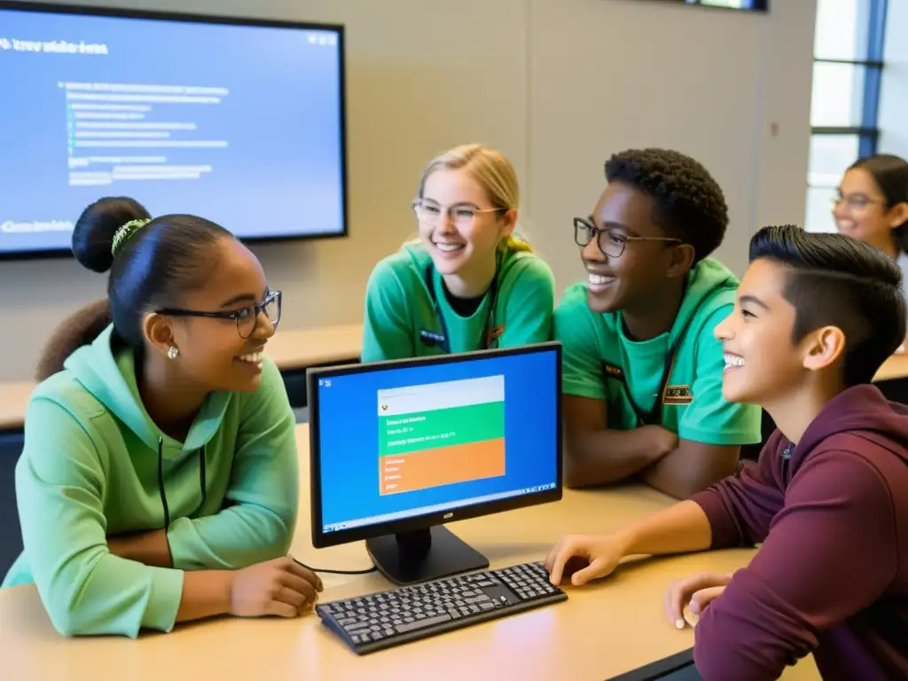 Aprender Java con Greenfoot: Emoción en el aula Estudiantes colaborando en proyecto de Java con Greenfoot IDE en un aula moderna y dinámica