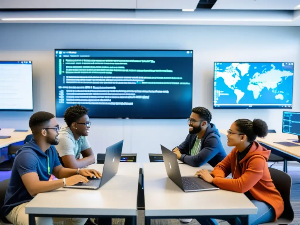 Estudiantes colaborando en un proyecto de programación en un aula moderna, rodeados de laptops abiertas y pantallas digitales con código