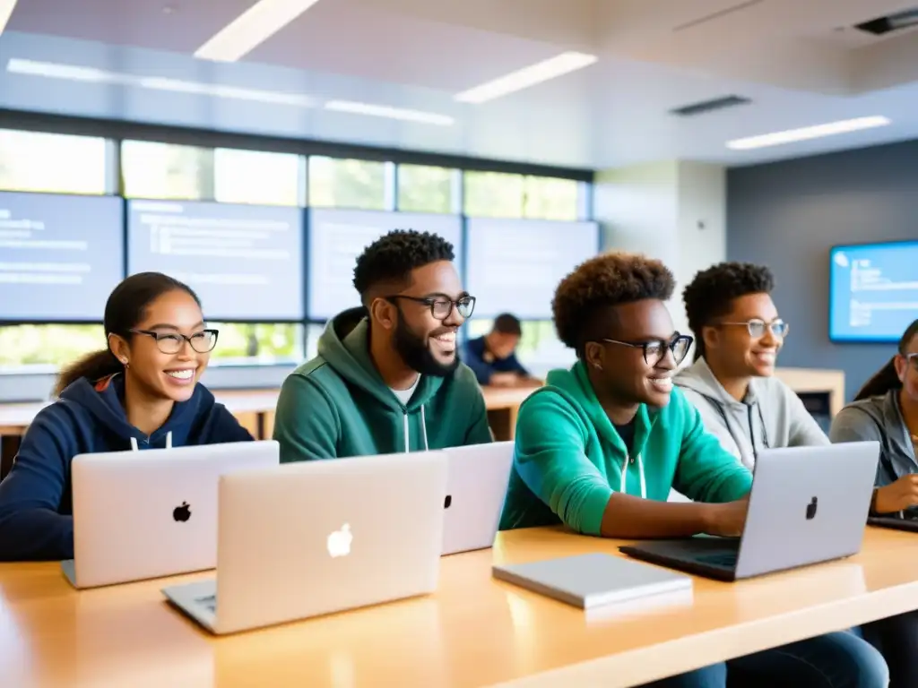 Estudiantes colaborando en proyecto de programación en aula moderna, rodeados de tecnología y expresiones comprometidas