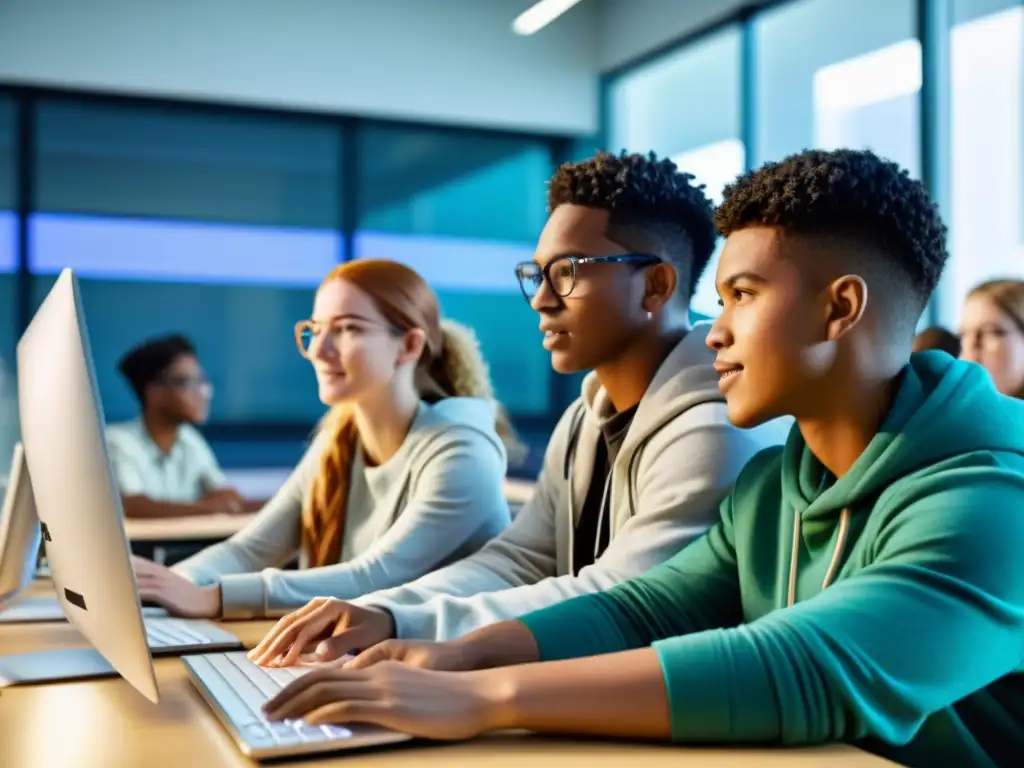 Estudiantes colaborando en proyecto de programación con software de código abierto en educación en aula moderna y luminosa