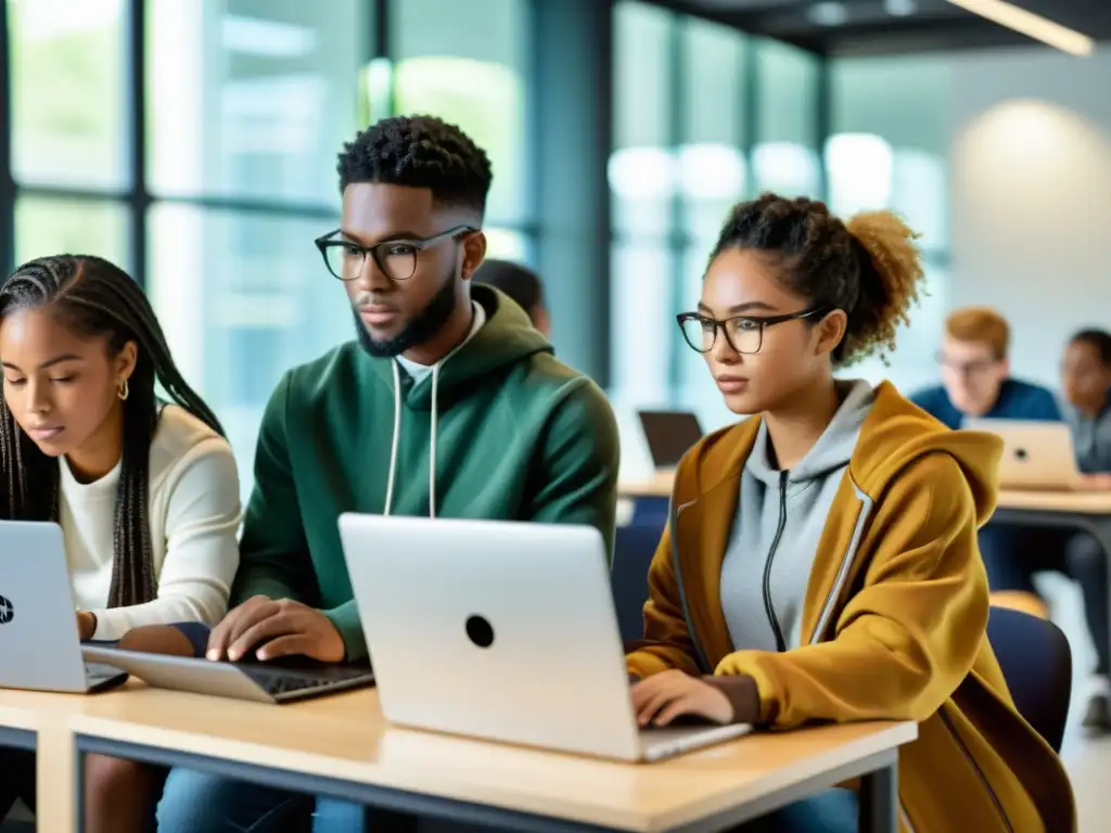 Estudiantes colaborando en un proyecto de programación con software de código abierto en un aula moderna