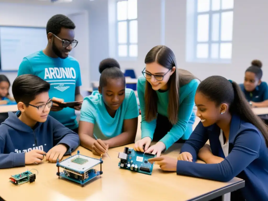 Estudiantes colaborando en un proyecto de Proyectos innovadores con Arduino en un aula luminosa, con entusiasmo y energía