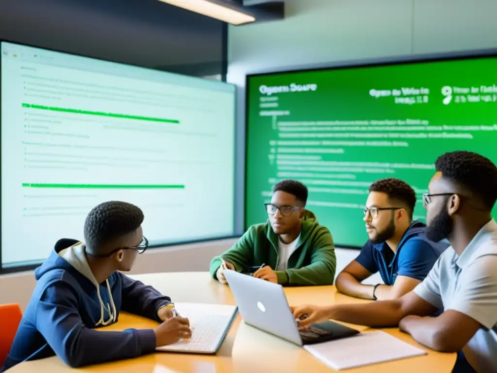 Estudiantes colaborando en proyecto con recursos educativos código abierto en aula moderna con luz natural y vista a campus verde