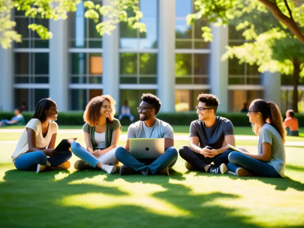 Estudiantes colaborando en proyecto con recursos educativos código abierto en campus soleado