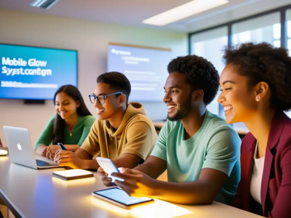 Estudiantes colaborando en proyecto de sistemas operativos móviles de código abierto en aula iluminada, innovadora y emocionante