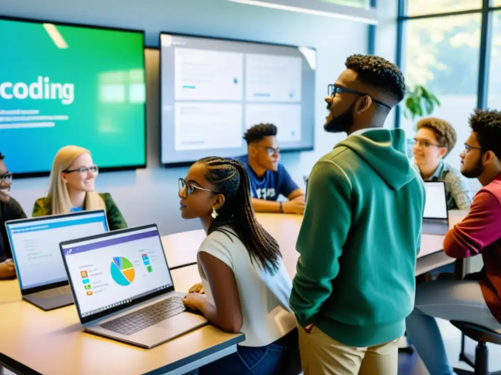 Estudiantes colaborando en proyecto de software de código abierto en aula moderna, dinámica y llena de luz natural