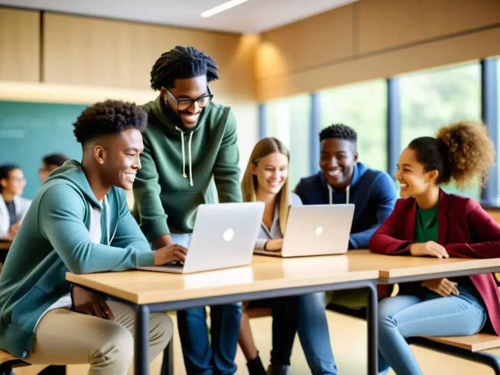 Estudiantes colaborando en proyecto con software de código abierto en educación en aula moderna, ambiente innovador y dinámico