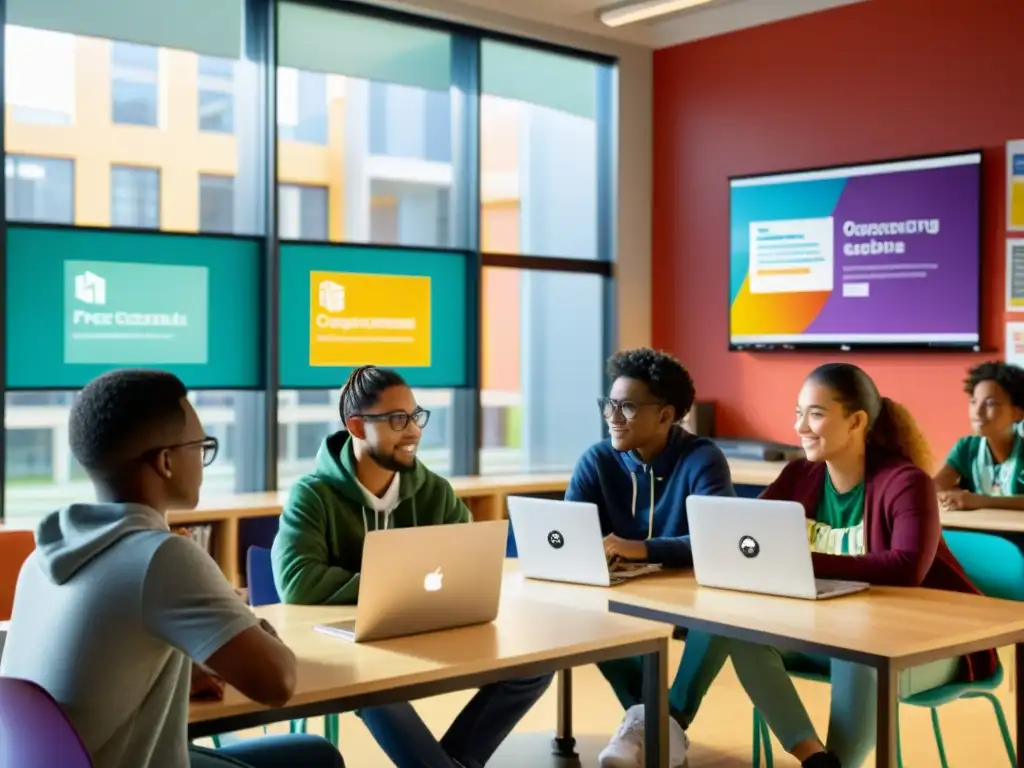 Estudiantes colaborando en un proyecto con software de código abierto en educación en un aula moderna y dinámica, con luz natural y ambiente inclusivo