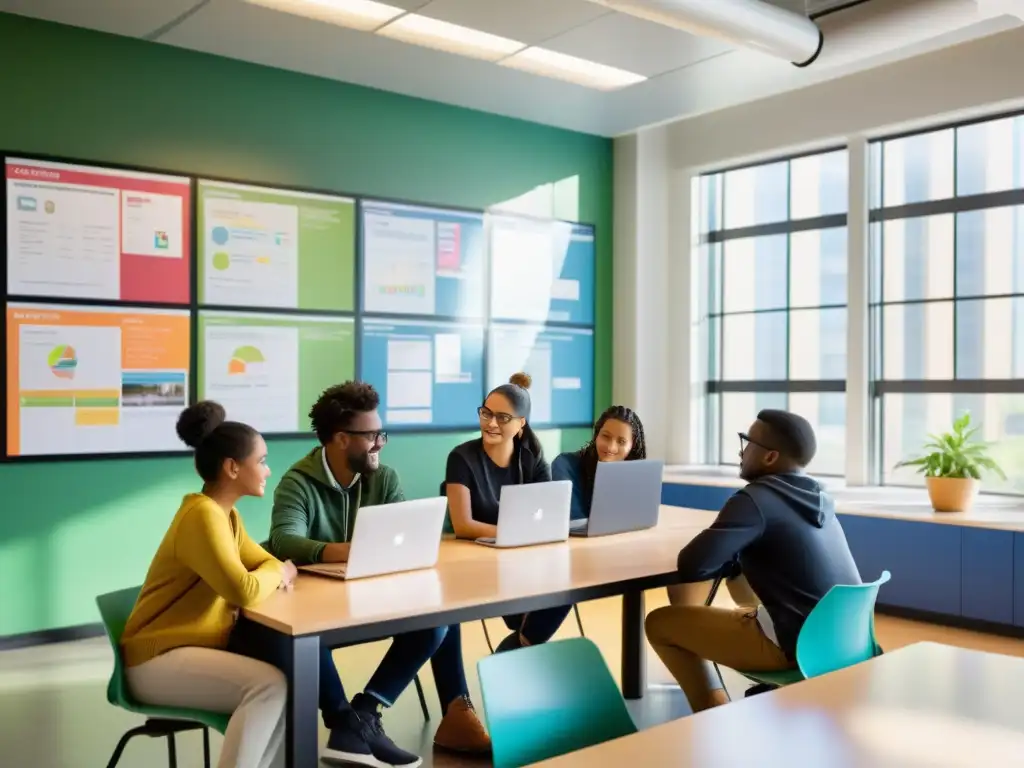 Estudiantes colaborando en proyecto con software de código abierto en educación en aula moderna y dinámica, con luz natural y posters coloridos