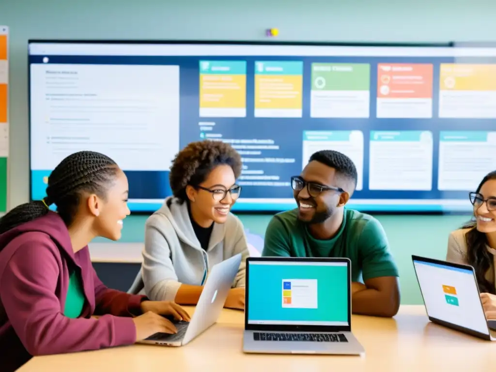 Estudiantes colaborando en proyecto con software educativo de código abierto en aula moderna y luminosa