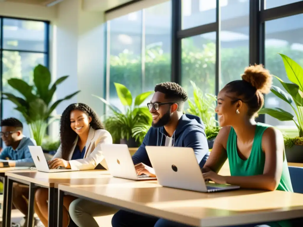 Estudiantes colaborando en un proyecto de software sostenible, rodeados de plantas y tecnología moderna, creando un ambiente dinámico