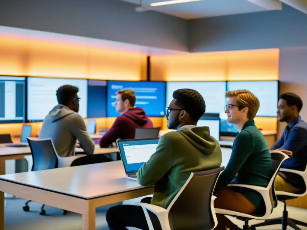 Estudiantes colaborando en un proyecto web en un laboratorio moderno de Harvard