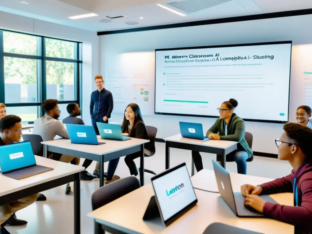 Estudiantes participando en proyectos de IA y machine learning en un aula moderna, con tecnología de vanguardia y herramientas educativas tradicionales, creando un entorno dinámico para MOOCs de IA Open Source en Educación