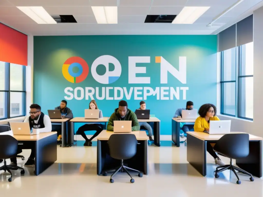 Estudiantes colaborando en proyectos open source en un aula moderna y luminosa, rodeados de tecnología innovadora y energía creativa de comunidades open source para el impacto social