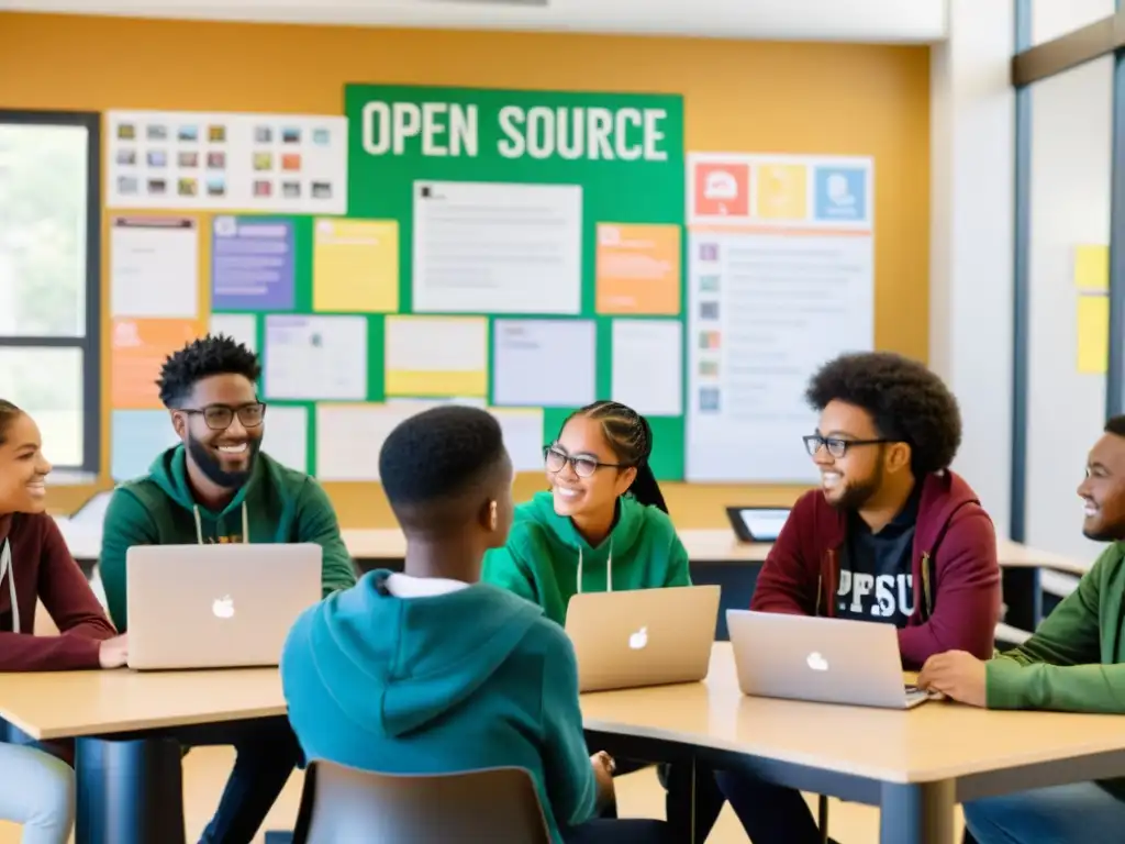 Estudiantes colaborando en proyectos open source en un aula moderna y luminosa, resaltando la importancia de las comunidades open source