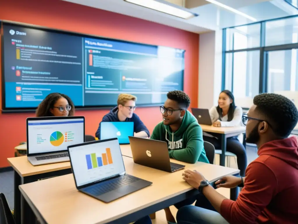 Estudiantes colaborando en proyectos de código abierto tecnológico en aula moderna, fomentando la diversidad e innovación educativa