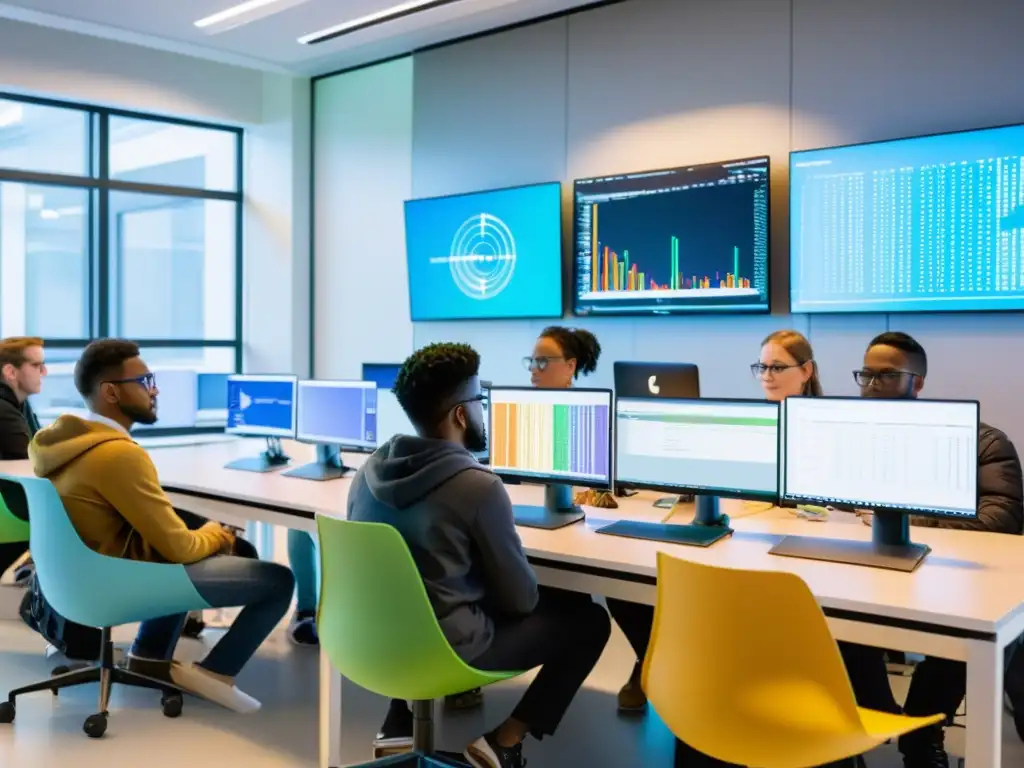 Estudiantes codifican en aula moderna con proyectos opensource Estudiantes colaborando en proyectos de código abierto en un aula moderna y luminosa, rodeados de innovadoras plataformas educativas