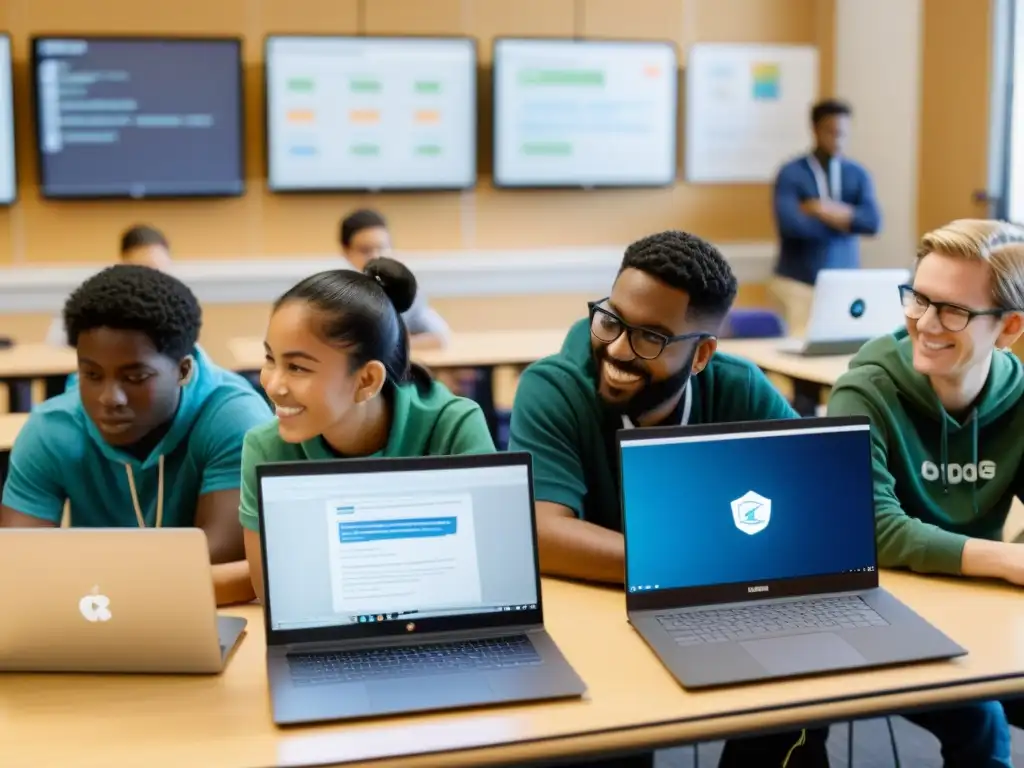 Estudiantes colaborando en proyectos de código abierto, destacando los beneficios de los IDEs en la educación