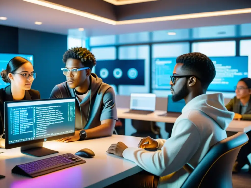 Estudiantes colaborando en proyectos de código en aula futurista con tecnología avanzada y Unix de código abierto en educación