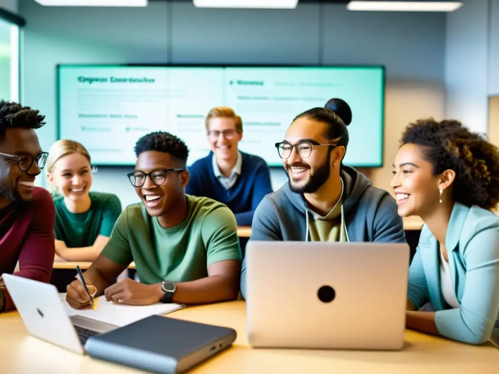 Estudiantes colaborando en proyectos educativos de código abierto en un aula contemporánea, rodeados de tecnología innovadora y herramientas colaborativas