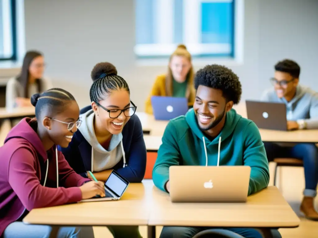 Estudiantes colaborando en proyectos educativos de código abierto en un aula moderna y luminosa, con emoción y entusiasmo en sus rostros