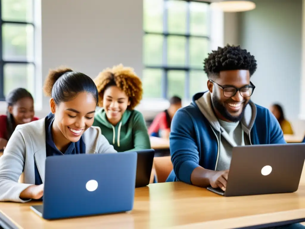 Estudiantes colaborando en proyectos educativos con software de código abierto en un aula moderna y luminosa