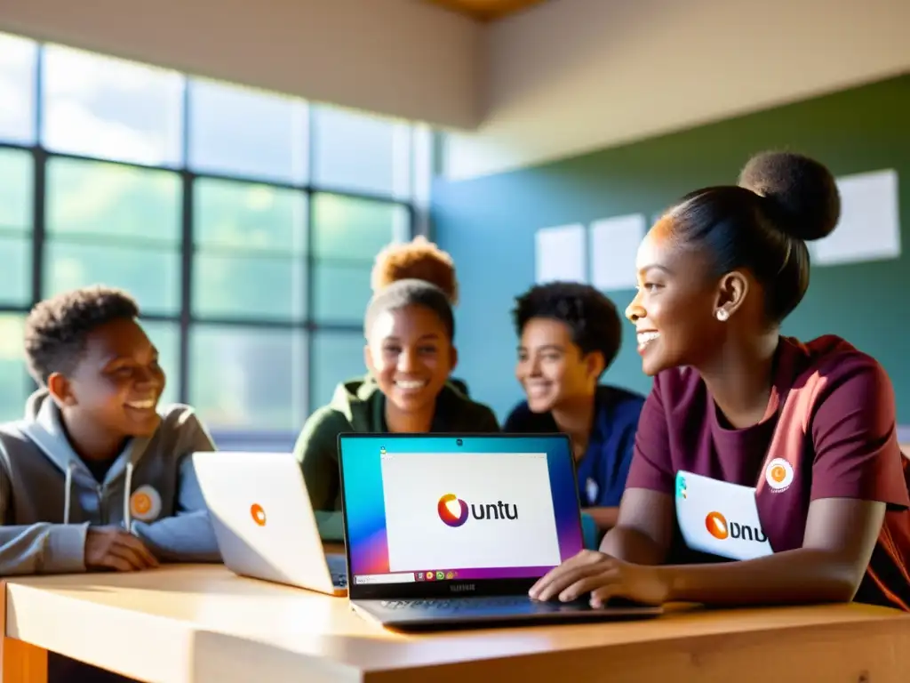 Estudiantes diversos colaboran en proyectos educativos con laptops Ubuntu, mostrando acceso a la informática de calidad en un aula moderna y luminosa