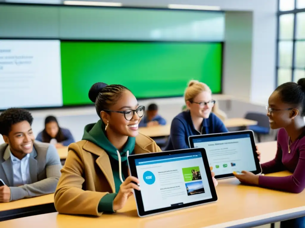 Estudiantes colaborando en proyectos usando la plataforma educativa virtual de código abierto Claroline en un aula moderna y luminosa