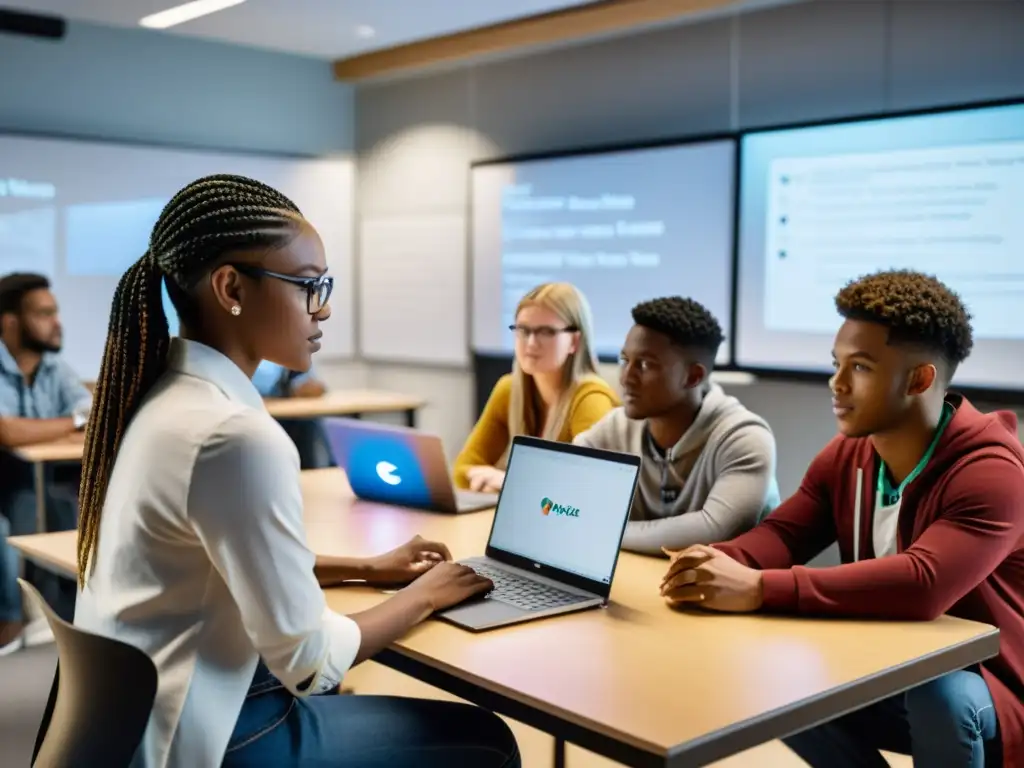 Estudiantes colaborando en proyectos de software de código abierto en un aula moderna, mostrando la innovación impulsada por el software de código abierto en la educación