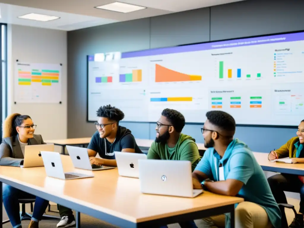 Estudiantes colaborando en proyectos de software de código abierto en un aula moderna llena de energía y dinamismo