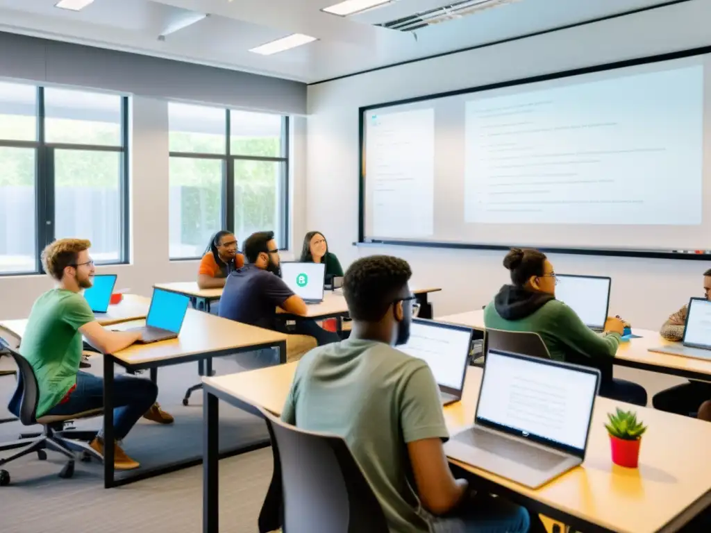 Estudiantes diversos colaborando en proyectos con software de código abierto, mostrando el impacto del código abierto en educación