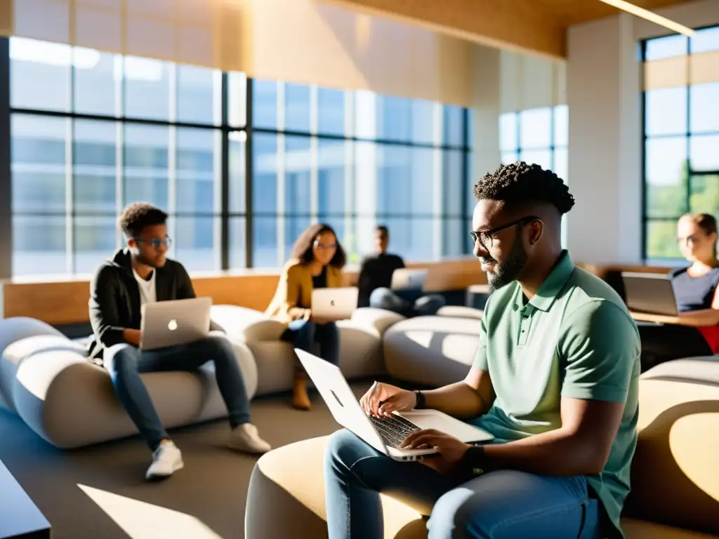 Estudiantes colaborando en proyectos de software libre en un aula moderna