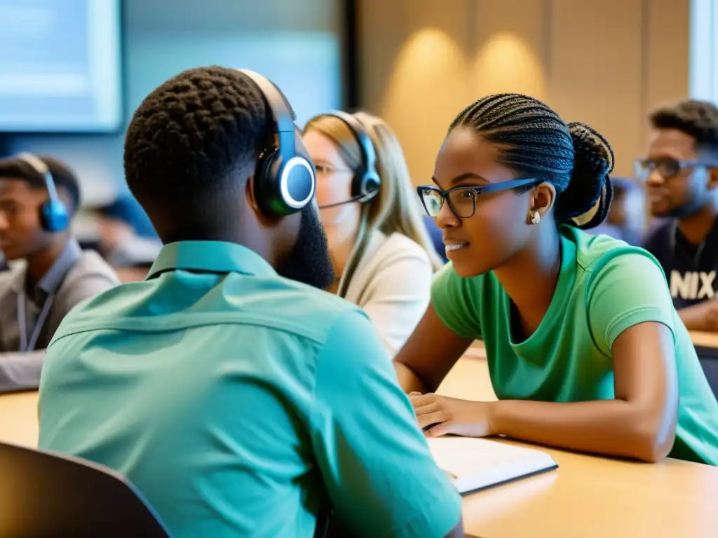 Estudiantes colaboran en proyectos de Unix de código abierto en un aula tecnológica y dinámica, rodeados de tecnología y materiales educativos