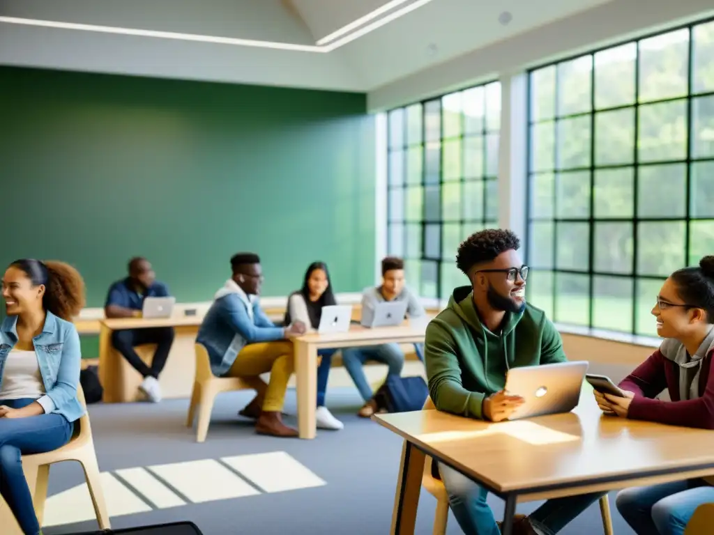 Estudiantes colaborando con recursos educativos interactivos de código abierto en un aula moderna, con luz natural y ambiente inspirador