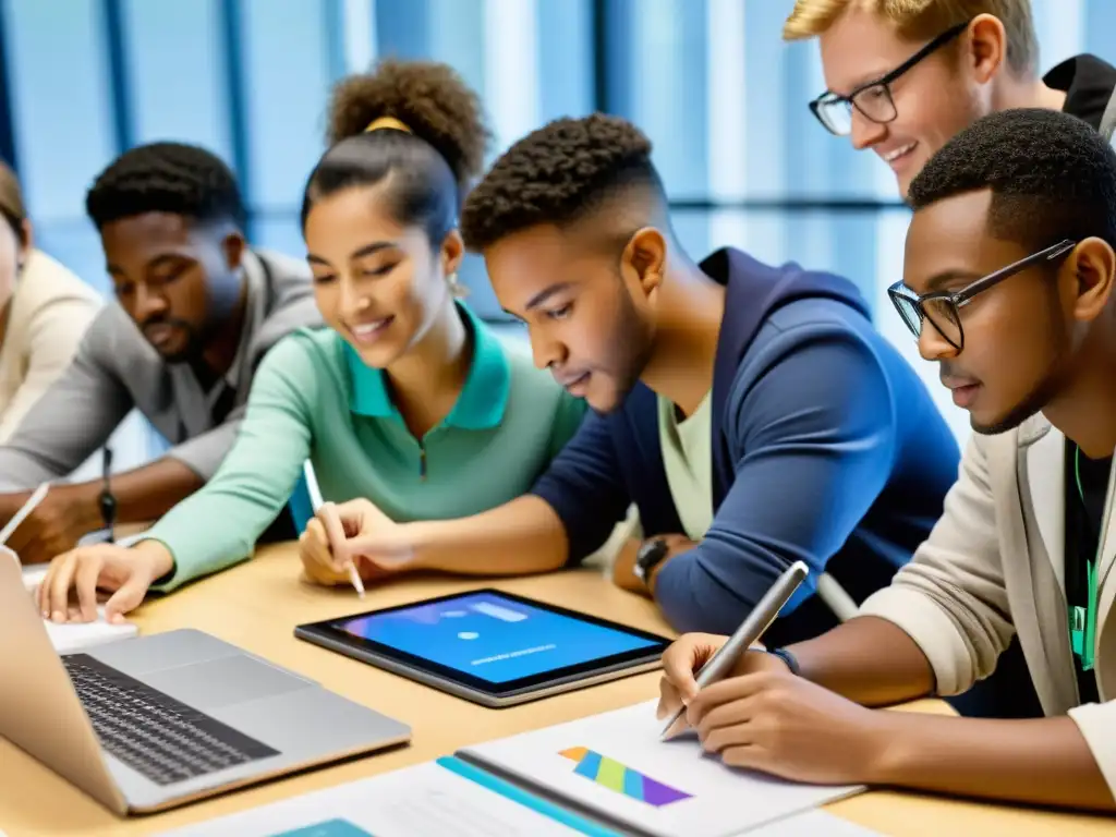 Estudiantes colaborando con Recursos Educativos Interactivos de Código Abierto en un entorno tecnológico innovador y dinámico