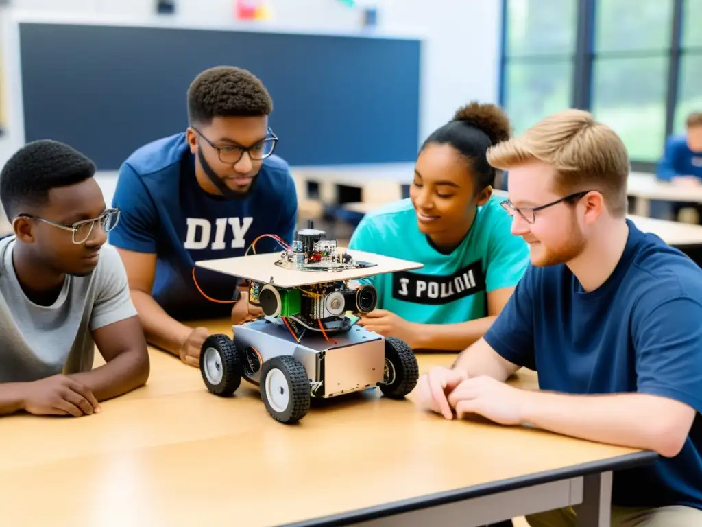 Estudiantes armando un robot con los mejores kits de robótica DIY, en un ambiente educativo dinámico y colaborativo