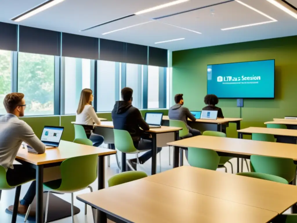 Estudiantes participando en sesión de ILIAS en aula moderna, iluminada y tecnológica