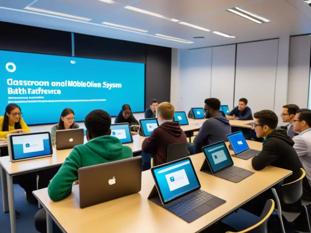 Estudiantes usando tablets y laptops con sistema operativo móvil de código abierto en aula de educación innovadora