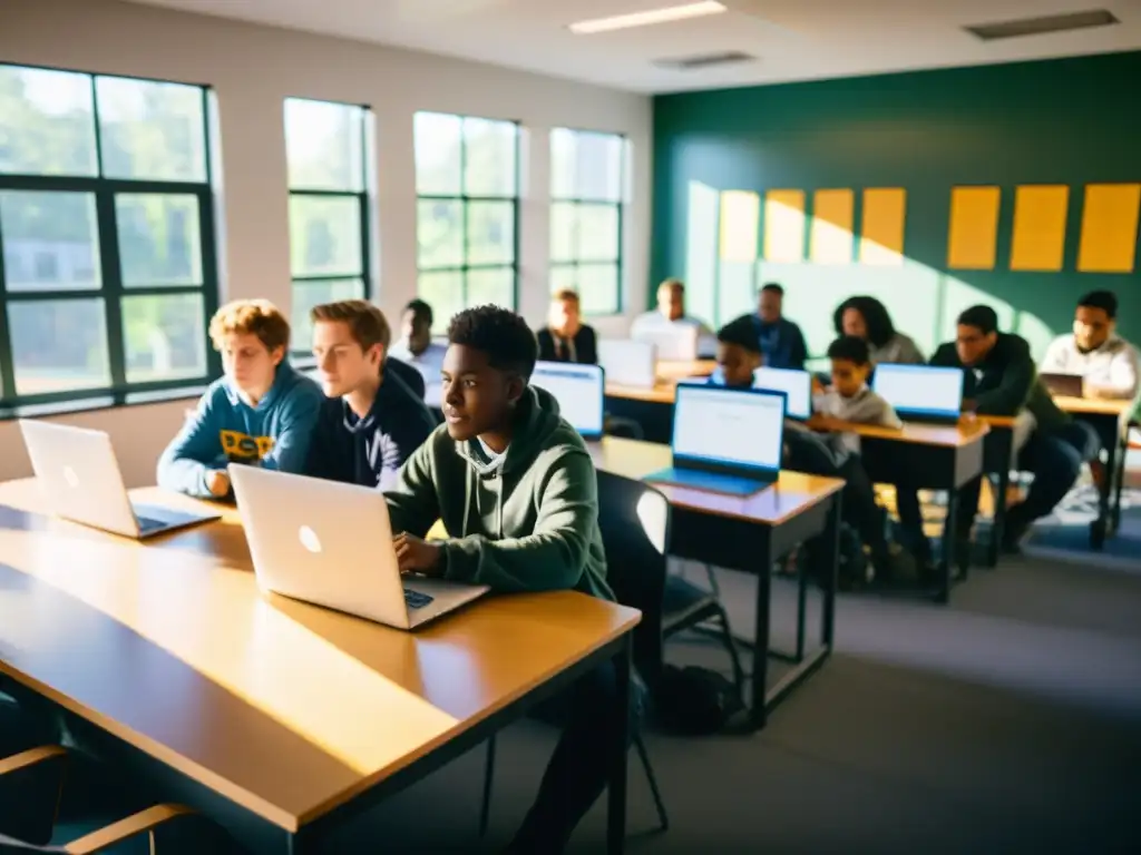 Estudiantes trabajan en laptops con sistemas BSD de código abierto, discutiendo beneficios del software de código abierto en educación