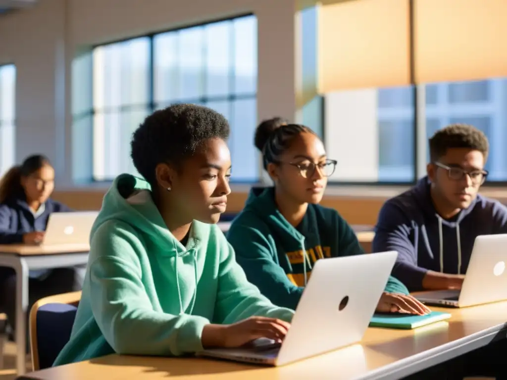 Estudiantes colaborando en software de código abierto en educación en aula luminosa