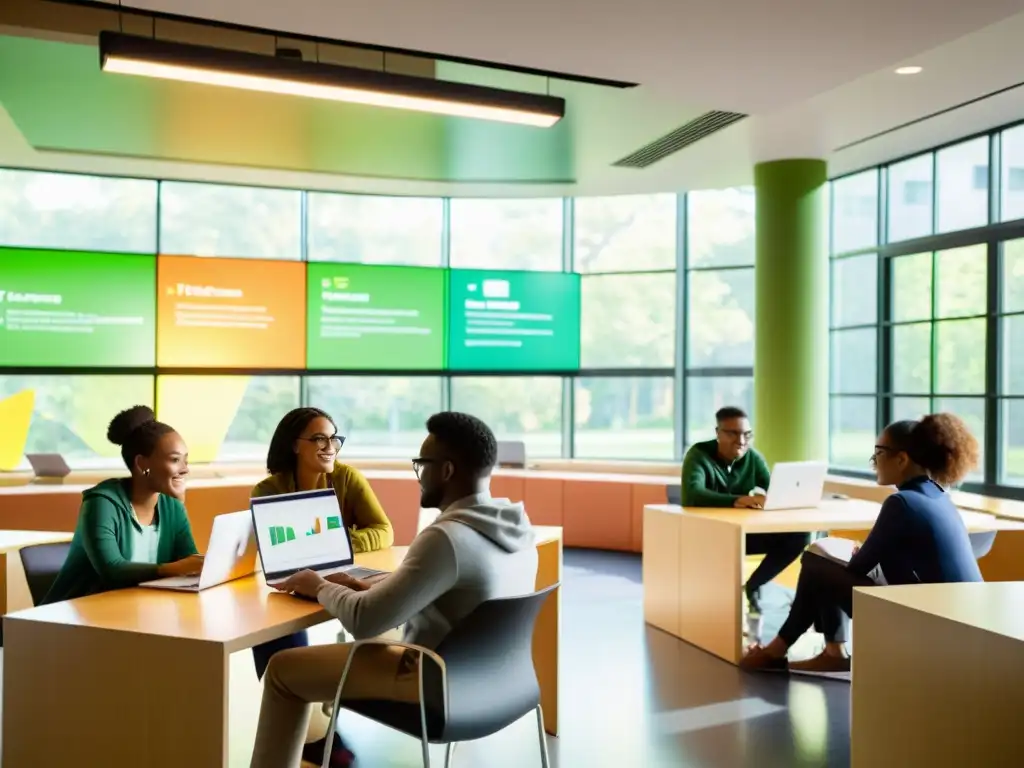 Estudiantes colaborando en laptops con software de código abierto en educación, en aula contemporánea con luz natural y ambiente creativo