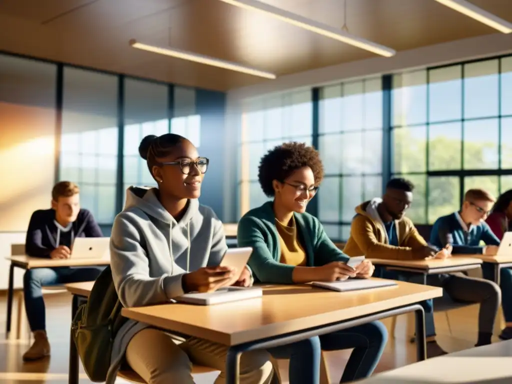 Estudiantes colaboran con software educativo de código abierto testimonios en aula moderna con luz natural