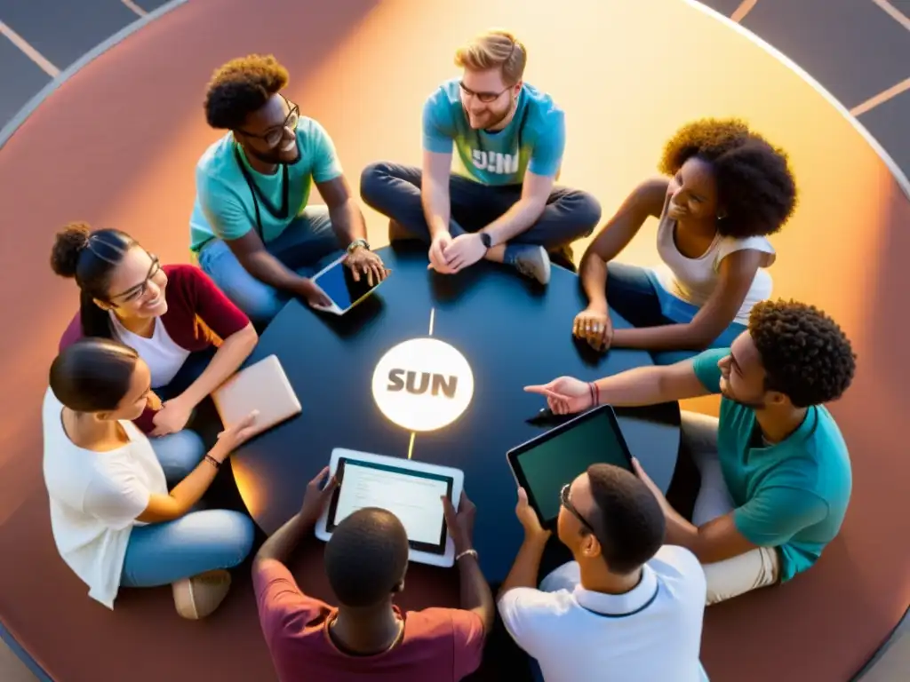 Estudiantes colaborando en software libre en un campus universitario al atardecer