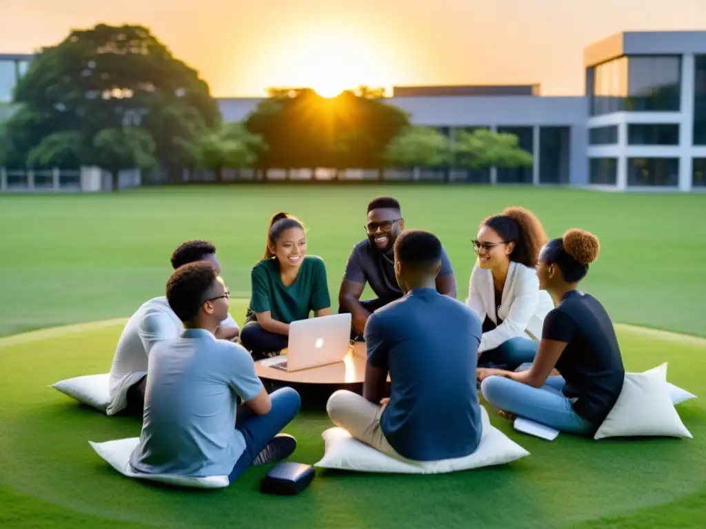 Estudiantes colaborando en software libre en la educación global, en un campo verde al atardecer