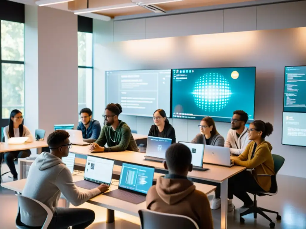 Clase de AI Futurista: Aprendizaje colaborativo e inclusivo Estudiantes colaborando en un taller de codificación de IA con herramientas de inteligencia artificial de código abierto en un aula futurista iluminada por luz natural