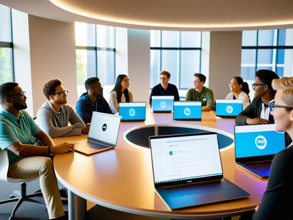 Estudiantes colaborando en un taller de Unix de código abierto en educación en un aula moderna y acogedora, con luz natural y tecnología educativa