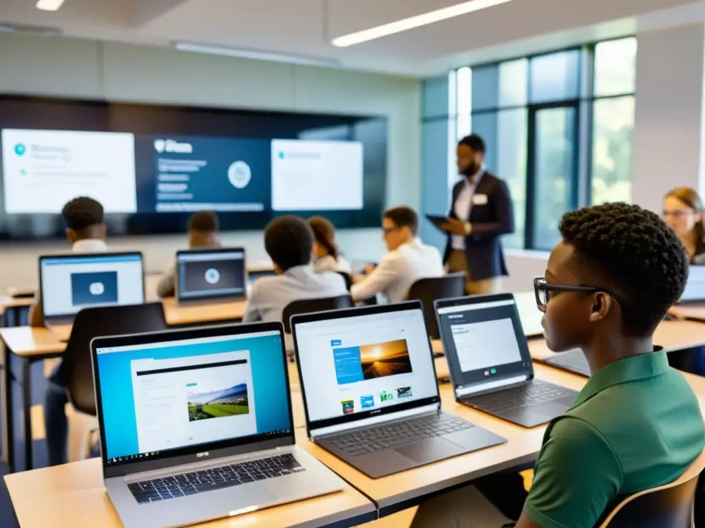 Estudiantes colaborando con tecnología de software libre en aula moderna