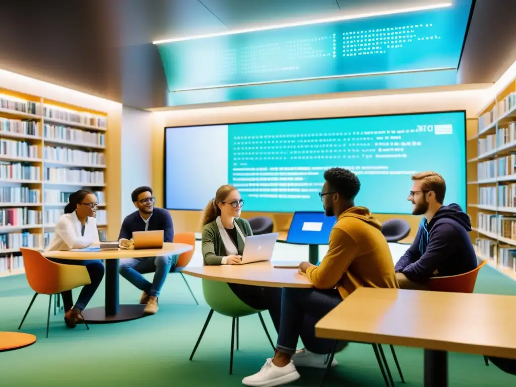 Estudiantes universitarios colaborando en biblioteca moderna con libros y tecnología de código abierto