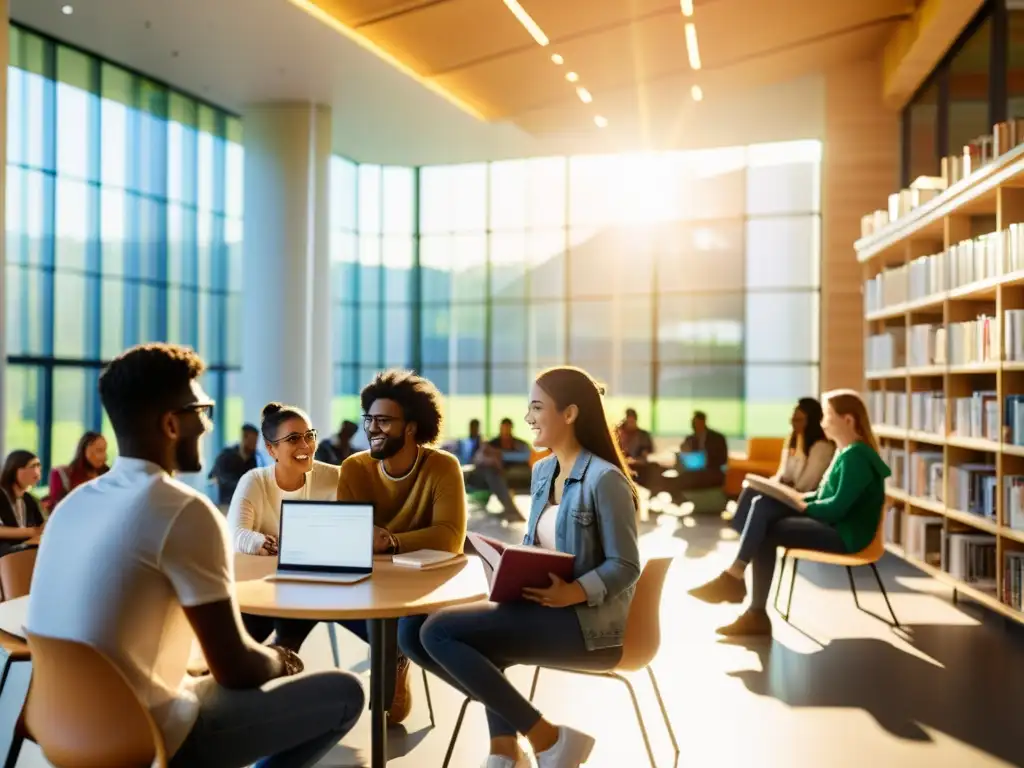 Estudiantes universitarios colaborando en una biblioteca moderna, resaltando la importancia de los libros de código abierto en la educación superior