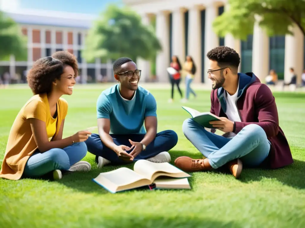 Estudiantes universitarios en círculo, discutiendo sobre libros de código abierto en campus animado